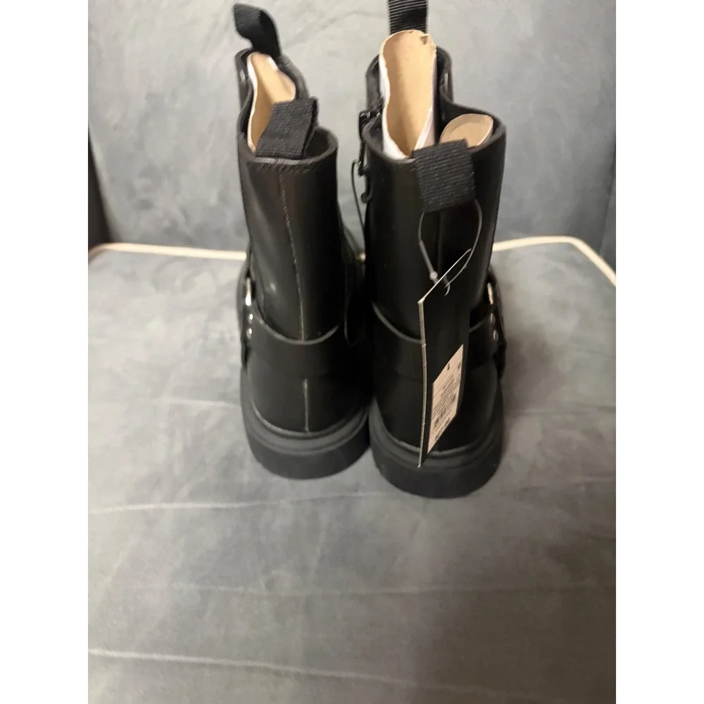 Art Class Kids Black Moto Harness Boots Side Zip Cap Toe Lug Sole Size 4 NWT